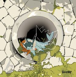  ^_^ animal_focus apios bandana black_sclera brick_wall closed_eyes colored_sclera commentary english_text flower full_body gengar grass grin hand_on_own_cheek hand_on_own_face happy holding holding_flower invisible lying moss no_humans one_eye_closed orange_flower pokemon pokemon_(creature) red_bandana sewer smile teeth vaporeon white_eyes white_flower 