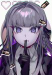  1girl black_gloves black_jacket black_ribbon blunt_bangs braid bullet collared_shirt danganronpa:_trigger_happy_havoc danganronpa_(series) gloves grey_hair grey_shirt hair_intakes hair_ribbon hand_up heart highres jacket kirigiri_kyoko long_hair open_clothes open_jacket pink_eyes ribbon saki_(sa_saki414) shirt side_braid single_braid smile solo teeth 