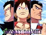  3boys beard_stubble black_eyes black_hair closed_mouth commentary_request english_commentary english_text facial_hair father_and_son grandfather_and_grandson hat high_collar highres male_focus mixed-language_commentary monkey_d._dragon monkey_d._garp monkey_d._luffy multiple_boys mustache_stubble necktie one_piece open_clothes open_shirt outdoors red_necktie red_shirt scar scar_on_cheek scar_on_face shirt short_hair signature straw_hat stubble tacchan56110 white_shirt 
