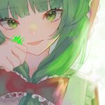  07_nagii 1girl bow frilled_bow frilled_ribbon frills front_ponytail green_eyes green_hair hair_bow hair_ribbon highres kagiyama_hina looking_at_viewer portrait red_bow red_ribbon ribbon smile solo touhou 