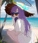  1girl absurdres alicelovefv beach black_halo blue_archive clouds cloudy_sky glasses halo hat highres looking_at_viewer mechanical_halo ocean palm_tree purple_hair robe shirt sky solo squatting sun_hat sunglasses tree violet_eyes white_robe white_shirt yuuka_(blue_archive) 