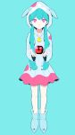  1girl absurdres alternate_costume apple aqua_hair blue_footwear closed_mouth crescent dress expressionless food fruit full_body hatsune_miku highres hood hooded_dress looking_at_viewer multicolored_clothes multicolored_dress pink_eyes pinocchio-p shoes solo vocaloid yozurina_(vocaloid) 