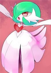  bob_cut colored_skin dress elbow_gloves gardevoir gloves green_hair hair_over_one_eye mega_gardevoir outstretched_arms pink_background pink_eyes pokemon pokemon_(creature) simple_background wakatake_wktk white_dress white_gloves white_skin 