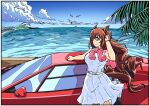  1girl animal_ears beach belt bird breasts brown_hair car clouds dress from_side green_eyes hair_between_eyes horse_ears horse_girl horse_tail horyuu jacket_around_neck lamborghini_countach large_breasts long_hair maruzensky_(umamusume) motor_vehicle seizo_watase_(style) sleeveless sleeveless_dress solo tail umamusume vehicle_focus white_dress 