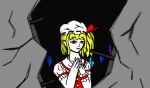  1girl ascot blonde_hair bow crystal flandre_scarlet hat hat_ribbon looking_at_viewer mob_cap multicolored_wings puffy_sleeves red_bow red_eyes red_vest ribbon shirt short_hair smile solo touhou vest wings yellow_ascot 