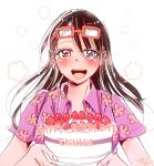  1girl black_hair cake character_name commentary_request eyewear_on_head floral_print food happy_birthday holding holding_plate looking_at_viewer one_piece plate shina_(ooo417ooo) smile solo strawberry_shortcake tashigi upper_body 