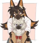  2girls animal_ear_fluff animal_ears body_fur bow bowtie brown_eyes brown_fur brown_hair brown_sweater cat cat_ears cat_girl claws closed_mouth colored_inner_hair commentary_request crossed_legs dog_ears dog_girl furry furry_female head_on_head head_rest highres hug hug_from_behind long_hair long_sleeves looking_at_viewer low_twintails multicolored_hair multiple_girls original pink_background puff_of_air rata_(norahasu) red_bow red_bowtie school_uniform shirt short_sleeves siamese_cat simple_background slit_pupils smile sweater twintails upper_body violet_eyes whiskers white_shirt 