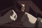  1girl 1other animal_ears clenched_hands commentary_request cream_the_rabbit dress furry furry_female gloves highres orange_dress orange_eyes pov pov_hands rabbit_ears sonic_(series) souldroids stairs watch watch white_gloves wooden_floor 