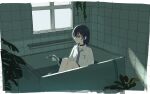  1girl :| arm_at_side bathroom bathtub black_choker black_hair blue_hair breast_pocket choker closed_mouth collared_shirt dot_nose expressionless feet_out_of_frame grey_necktie hair_between_eyes hand_up highres holding holding_hose hose ichinose_uruha indoors knees_to_chest looking_ahead lupinus_virtual_games medium_hair multicolored_hair necktie oisiimizu pink_eyes plant pocket shirt sidelocks sitting solo streaked_hair tile_wall tiles virtual_youtuber vspo! water white_shirt window 