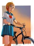  1girl bicycle blue_eyes blue_skirt nonohara_hime rr_(suisse200) school_uniform short_hair skirt smile tokyo_7th_sisters 