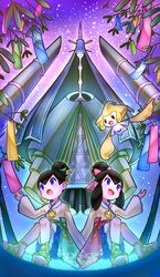  1boy 1girl :d :o absurdres black_hair brother_and_sister celesteela highres jewelry jirachi liza_(pokemon) liza_(summer_2023)_(pokemon) long_sleeves meta-g_(curc8737) necklace official_alternate_costume open_mouth pokemon pokemon_(creature) pokemon_masters_ex purple_hair sandals shirt siblings sitting smile tanzaku tate_(pokemon) tate_(summer_2023)_(pokemon) twins 