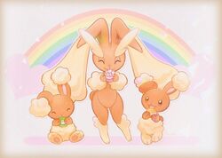  3others animal_ears buneary closed_eyes commentary doekis english_commentary full_body furry heart holding lopunny multiple_others open_mouth other_focus poke_puff pokemon pokemon-amie pokemon_(creature) pokemon_xy rabbit_ears rabbit_tail rainbow sitting smile standing tail 