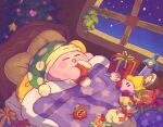  bed blanket blush_stickers bow box christmas christmas_ornaments christmas_tree closed_eyes colored_skin drooling gift gift_box harukui hat indoors kirby kirby_(series) leaf maxim_tomato night open_mouth pillow pink_skin plant pom_pom_(clothes) saliva shooting_star sleeping star_(sky) star_(symbol) toy_sword under_covers window 
