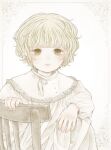  1boy androgynous blonde_hair border capelet chair closed_mouth dress eleanor_(ohmyeleanor) english_commentary frilled_capelet frills hand_on_chair hand_on_own_leg light_blush long_sleeves looking_at_viewer male_focus original parted_lips puffy_long_sleeves puffy_sleeves ribbon short_hair smile solo victorian white_background white_capelet white_dress white_ribbon wooden_chair yellow_border yellow_eyes yellow_theme 