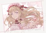  1girl alternate_costume artist_name blonde_hair blunt_bangs bow cagliostro_(granblue_fantasy) cherry_blossoms commentary_request cropped_shoulders dress floating_hair flower frilled_dress frilled_shirt_collar frilled_sleeves frills granblue_fantasy grin head_wreath headband long_hair multicolored_clothes multicolored_dress off_shoulder outstretched_hand petals pink_dress pink_flower pota_(bluegutty) red_bow sidelocks signature smile solo tree twitter_username violet_eyes 