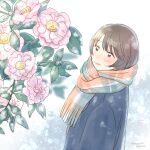  1girl arms_at_sides blue_coat blush_stickers brown_eyes brown_hair brown_scarf coat flower flower_request highres looking_at_flowers no_nose original pink_flower scarf short_hair signature smile snow solo winter yamauchi_hikari 