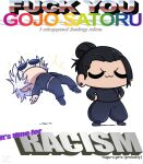  2boys :3 black_footwear black_jacket black_pants cartoonized character_name chibi english_commentary english_text falling floating_hair getou_suguru gojou_satoru grey_hair hair_bun highres image_macro_(meme) jacket jujutsu_kaisen meme microsoft_office miyan_(oceanmaiden) multiple_boys pants short_hair single_hair_bun smile sunglasses toon_(style) v-shaped_eyebrows white_background 