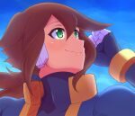  1girl aile_(mega_man_zx) black_bodysuit blue_jacket blue_sky bodysuit bodysuit_under_clothes brown_hair close-up covered_collarbone green_eyes highres jacket long_hair looking_up mega_man_(series) mega_man_zx mega_man_zx_advent nobuyu_(77yusei) open_clothes open_jacket ponytail robot_ears sky solo 