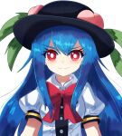  1girl black_hat blue_hair bow bowtie breasts buttons closed_mouth collared_shirt commentary_request eyelashes frilled_shirt_collar frills happy hat highres hinanawi_tenshi leaf_hat_ornament long_hair peach_hat_ornament plus2sf puffy_short_sleeves puffy_sleeves red_bow red_bowtie red_eyes shirt short_sleeves sidelocks simple_background small_breasts smile solo sun_hat touhou upper_body very_long_hair white_background 