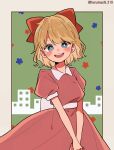  1girl absurdres artist_name blonde_hair blue_eyes blush bow child dress hair_bow haru-cho highres mother_(game) mother_2 open_mouth paula_(mother_2) pink_dress red_bow short_sleeves smile solo 