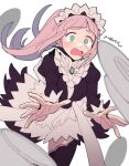  1girl apron black_dress black_thighhighs blush brooch do_m_kaeru dress feather_trim felicia_(fire_emblem) fire_emblem fire_emblem_fates floating_hair frills green_eyes jewelry juliet_sleeves long_hair long_sleeves looking_at_viewer maid maid_headdress open_mouth pink_hair plate ponytail puffy_sleeves sidelocks simple_background solo tearing_up thigh-highs twitter_username waist_apron white_apron white_background 