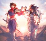  2boys :d blue_eyes blue_hair brown_hair closed_eyes dated feet_out_of_frame fist_bump highres holding holding_weapon horizon leo_tail long_hair lower_teeth_only male_focus mask mouth_mask multiple_boys red_scarf scarf short_hair smile strider_(video_game) strider_hien strider_hiryuu teeth twitter_username weapon 