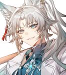  1girl animal_ear_piercing animal_ears blue_gemstone chest_jewel chinese_clothes close-up coat collared_coat collared_shirt earrings eyeliner feixiao_(honkai:_star_rail) forehead_jewel from_side gem green_eyes grey_coat high_ponytail highres holding holding_weapon honkai:_star_rail honkai_(series) jewelry long_hair long_sleeves looking_at_viewer looking_to_the_side makeup off_shoulder open_clothes open_coat parted_bangs parted_lips ponytail red_eyeliner shirt simple_background smile solo weapon white_background yunliaichidaroubao 