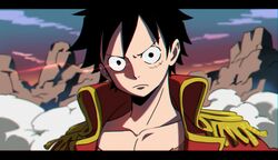  1boy black_hair blurry blurry_background closed_mouth clouds cloudy_sky coat collarbone dust_cloud looking_at_viewer male_focus monkey_d._luffy mountainous_horizon one_piece outdoors red_coat scar scar_on_cheek scar_on_chest scar_on_face serious short_hair sky solo taro_(honyarara00) upper_body 