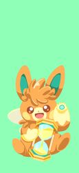  :d brown_eyes cooleifie full_body green_background hand_up happy highres holding hourglass no_humans open_mouth pawmot pokemon pokemon_(creature) simple_background sitting smile solo 