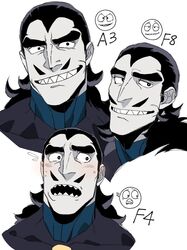  1boy aquiline_nose black_eyes black_hair collage colored_skin cropped_shoulders desha_(ousama_ranking) expressions facial_hair grey_skin grin highres huge_eyebrows looking_at_viewer male_focus medium_hair mullet muscular muscular_male mustache nervous_sweating ousama_ranking pencil_mustache sanpaku sashimi_oran sharp_teeth sideways_glance smile smug sweat teeth tusks v-shaped_eyebrows 