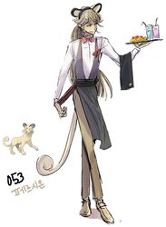  1boy animal_ear_hairband animal_ears apron black_apron bow bowtie brown_hair crossed_legs drink fake_animal_ears food full_body hairband highres long_hair long_sleeves male_focus omelet omurice persian_(pokemon) personification pokemon red_bow red_bowtie reference_inset shirt simple_background smile standing tamtamdi very_long_hair waist_apron waiter white_background white_shirt 