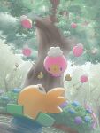  :d bright_pupils bush commentary_request day drifloon flower goomy grass highres hydrangea light_rays looking_up lotad mokukitusui no_humans open_mouth outdoors pokemon pokemon_(creature) rowlet smile tree water 