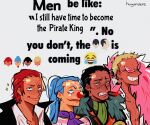  4boys absurdres black_hair buggy_the_clown clown_nose crocodile_(one_piece) dark-skinned_male dark_skin donquixote_doflamingo emoji glint grin highres huyandere image_macro_(meme) long_hair male_focus meme multiple_boys one_piece parody_request pectoral_cleavage pectorals receding_hairline scar scar_across_eye shanks_(one_piece) shirt short_hair smile sparse_stubble sunglasses upper_body white_shirt 