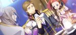  1boy 2girls artist_request ascot beard black_choker blue_eyes blue_vest blurry blurry_foreground breasts brown_hair carine_ne_britannia child choker code_geass code_geass:_lost_stories collarbone cookie cup dress drink dutch_angle epaulettes facial_hair flat_chest food forehead game_cg grey_eyes grey_hair grey_jacket grin guinevere_de_britannia half-closed_eyes hand_up hands_up happy high_collar highres holding holding_cup holding_drink jacket juliet_sleeves large_breasts light_particles long_hair long_sleeves looking_at_another looking_at_viewer military_uniform multiple_girls non-web_source odysseus_eu_britannia official_art on_chair open_mouth own_hands_together pink_dress puffy_sleeves redhead sandwich saucer shirt short_hair sidelocks sitting smile steam tart_(food) teacup teapot teeth tiered_tray tray twintails uniform upper_body vest white_ascot white_shirt 
