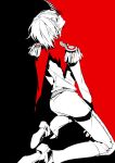  1boy akechi_gorou belt capelet from_behind horns kneeling long_sleeves looking_up male_focus pants persona persona_5 shoes short_hair shoulder_pads single_horn striped_horns two-tone_background zmore 