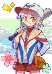  1girl baseball_bat baseball_cap baseball_mitt border clouds cloudy_sky color_timer cowboy_shot feet_out_of_frame floral_background genderswap genderswap_(mtf) gradient_background grey_hair grin hair_between_eyes hand_on_own_hip hat highres hikipanda holding holding_baseball_bat jacket jewelry looking_at_viewer medium_hair multicolored_clothes necklace nose_tape notice_lines orange_eyes personification plaid_clothes plaid_skirt pleated_skirt shirt skirt sky smile sunrise two-tone_background two-tone_headwear ultra_series ultraman_dyna ultraman_dyna_(series) white_border white_hat 