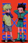  2boys absurdres arm_at_side arms_behind_head artist_name black_hair black_shirt blush boots brown_eyes child closed_mouth copyright_name english_text full_body gon_freecss green_footwear green_jacket green_shorts grey_shorts hair_behind_ear hand_in_pocket highres hunter_x_hunter jacket killua_zoldyck layered_shirt light_smile long_sleeves looking_at_another menma_(enaic31) messy_hair multiple_boys purple_footwear purple_shirt red_background retro_artstyle shirt short_hair shorts spiky_hair standing turtleneck violet_eyes white_hair white_shirt 