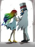  1boy 1girl absurdres blue_hair count_bleck dress drum from_side gloves hat high_heels highres humanization instrument long_hair miraxth523 multicolored_hair open_mouth paper_mario personification rainbow_hair super_mario_bros. super_paper_mario tippi_(paper_mario) white_gloves 