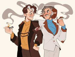  2boys animal_ears bandaged_arm bandages blood blood_on_bandages blue_sweater brown_coat brown_eyes brown_hair brown_pants cigarette coat cowboy_shot dream_smp elbow_patches facial_hair fridgrave grey_hair hand_on_another&#039;s_shoulder hand_on_own_hip holding holding_cigarette holding_lighter horns jacket jewelry jschlatt lighter long_sideburns male_focus mature_male minecraft_youtube multicolored_hair multiple_boys mustache open_clothes open_coat outline pale_background pants ring sheep_boy sheep_ears sheep_horns sideburns simple_background smile smirk smoke smoking stitched_face stitched_torso stitches streaked_hair suit sweater two-tone_hair v-shaped_eyebrows wedding_ring white_hair white_jacket white_outline white_pants white_suit wilbur_soot 