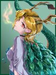  1girl antlers blonde_hair blue_shirt breath_weapon breathing_fire dragon dragon_girl dragon_horns dragon_tail fire goingtobemad highres horns kicchou_yachie looking_at_viewer open_mouth red_eyes shirt short_hair tail tortoise touhou turtle turtle_shell 