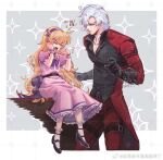  1boy 1girl black_gloves blonde_hair blue_eyes bow child coat crying dante_(devil_may_cry) devil_may_cry_(anime) devil_may_cry_(series) devil_may_cry_2 dress gloves hair_over_one_eye holding long_hair male_focus open_mouth patty_lowell puffy_shorts red_coat shorts tears thigh_strap upper_body white_hair 