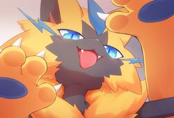  blue_eyes blush claws fangs grey_fur kemonobito looking_at_viewer open_mouth pokemon pokemon_(creature) portrait slit_pupils smile solo tongue tongue_out whiskers yellow_fur zeraora 