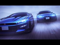  artist_name car glowing grey_car kai55 letterboxed light_trail motor_vehicle nissan nissan_gt-r nissan_skyline nissan_skyline_gt-r nissan_skyline_r34 no_humans original racing vehicle_focus 