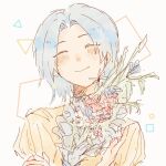  1girl blue_hair bouquet chinese_commentary closed_eyes closed_mouth commentary_request enomoto_noa er_san_san_san holding holding_bouquet light_blue_hair parted_bangs puffy_sleeves saibou_shinkyoku shirt short_hair sketch smile solo striped_clothes striped_shirt vertical-striped_clothes vertical-striped_shirt yellow_shirt 