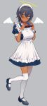  1girl absurdres agame_(agamemega) blue_hair blush box commentary_request dark-skinned_female dark_skin detached_sleeves grey_background halo highres holding holding_box light_smile maid maid_headdress multicolored_hair original shoes short_hair short_sleeves simple_background skirt solo streaked_hair thigh-highs yellow_eyes 