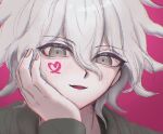  1boy blush danganronpa_(series) danganronpa_2:_goodbye_despair grey_hair hair_between_eyes hand_on_own_cheek hand_on_own_face heart heart_print highres kangae-chu komaeda_nagito male_focus medium_hair open_mouth pink_background portrait smile solo 