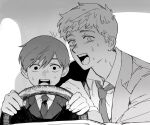  2boys chainsaw_man chilchuck_tims collared_shirt constricted_pupils driving dungeon_meshi greyscale hand_on_another&#039;s_shoulder highres jacket laios_touden looking_at_viewer male_focus meme monochrome multiple_boys necktie no_pupils open_mouth power_crashes_kobeni&#039;s_car_(meme) scared scene_reference shirt short_hair steering_wheel suit sweat upper_body wide-eyed zarame_pfpf 