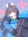  1girl ahoge animal_ears atsubakutaro black_gloves black_hair blue_archive blue_shirt blunt_bangs bright_pupils fake_animal_ears gloves green_neckerchief heart highres holding_trash_can leaf leaf_on_head long_hair long_sleeves looking_at_viewer miyu_(blue_archive) neckerchief open_mouth rabbit_ears red_eyes shirt smile solo trash_can white_pupils 