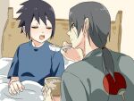  2boys black_hair child closed_eyes commentary_request cup feeding food indoors looking_at_another male_focus multiple_boys naruto naruto_(series) open_mouth tarou_(0514251997) uchiha_itachi uchiha_sasuke under_covers upper_body 