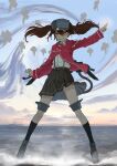  1girl absurdres black_skirt black_socks brown_hair clouds grin hat highres japanese_clothes kantai_collection kariginu kneehighs long_hair long_sleeves magatama nito_(nshtntr) ocean onmyouji orange_eyes outdoors pleated_skirt ryuujou_(kancolle) ryuujou_kai_ni_(kancolle) shikigami shoes skirt sky smile socks solo standing twintails visor_cap water 